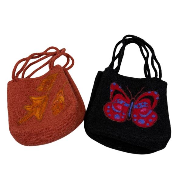 Handmade Set Of 2 Felt Purses Fall Leaf Butterfly Printed - Picture 1 of 8